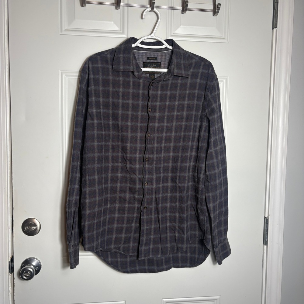 Jos. A. Bank Reserve Cotton Cashmere Plaid Shirt Tailored Fit Purple Grey Large